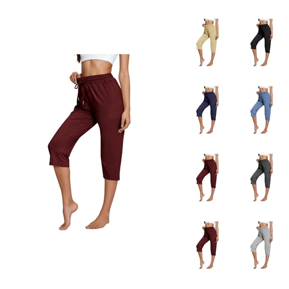 Capri Pants for Women 2025 Elastic Waist Straight Leg Casual Loose Capris with Pockets Womens Cropped Pants