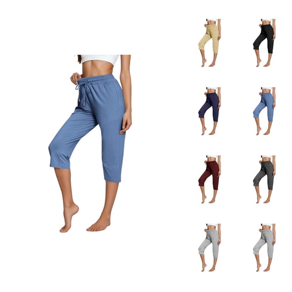 Capri Pants for Women 2025 Elastic Waist Straight Leg Casual Loose Capris with Pockets Womens Cropped Pants