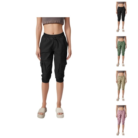 Capri Pants for Women 2025 Elastic Waist Summer Lightweight Breathable Cargo Capris with Pockets Womens Cropped Pants