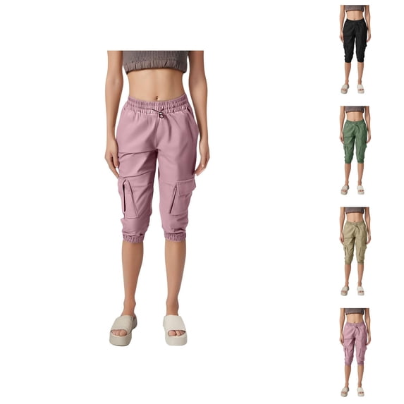 Capri Pants for Women 2025 Elastic Waist Summer Lightweight Breathable Cargo Capris with Pockets Womens Cropped Pants