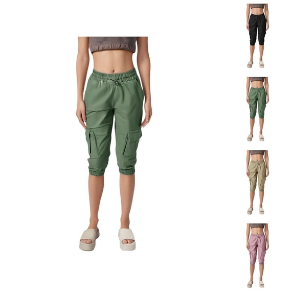 Capri Pants for Women 2025 Elastic Waist Summer Lightweight Breathable Cargo Capris with Pockets Womens Cropped Pants