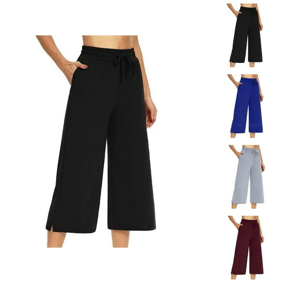 Capri Pants for Women 2025 Elastic Waist Wide Straight Leg Casual Loose Capris with Pockets Womens Cropped Pants