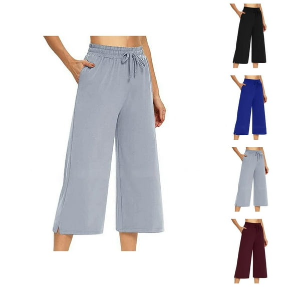 Capri Pants for Women 2025 Elastic Waist Wide Straight Leg Casual Loose Capris with Pockets Womens Cropped Pants