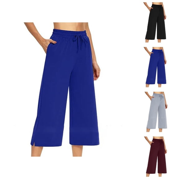 Capri Pants for Women 2025 Elastic Waist Wide Straight Leg Casual Loose Capris with Pockets Womens Cropped Pants