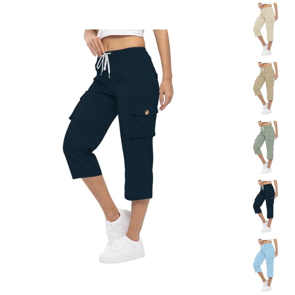 Capri Pants for Women 2025 High Elastic Waist Drawstring Loose Casual Cago Capris with Pockets Womens Cropped Pants