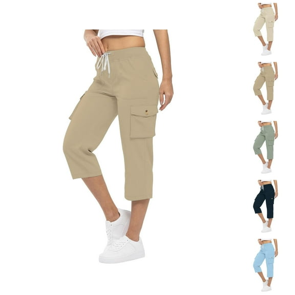 Capri Pants for Women 2025 High Elastic Waist Drawstring Loose Casual Cago Capris with Pockets Womens Cropped Pants