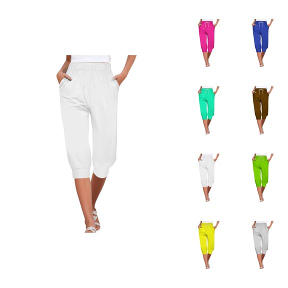 Capri Pants for Women 2025 High Elastic Waist Drawstring Straight Leg Casual Capris with Pockets Womens Cropped Pants