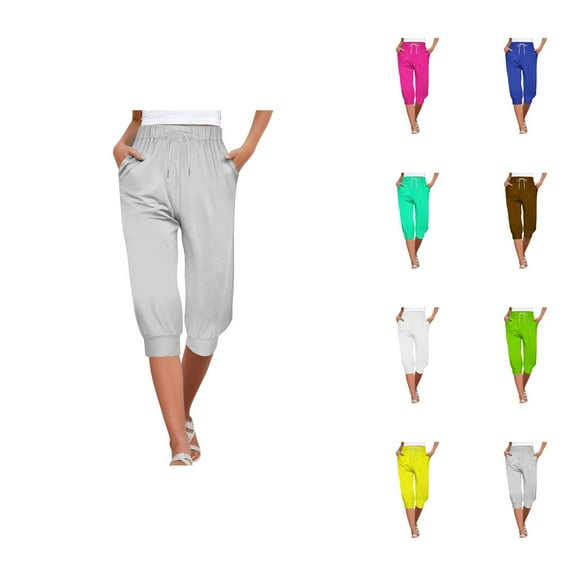 Capri Pants for Women 2025 High Elastic Waist Drawstring Straight Leg Casual Capris with Pockets Womens Cropped Pants