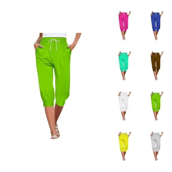 Capri Pants for Women 2025 High Elastic Waist Drawstring Straight Leg Casual Capris with Pockets Womens Cropped Pants