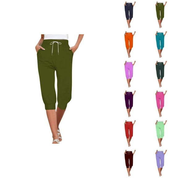 Capri Pants for Women 2025 High Elastic Waist Drawstring Yoga Jogger Casual Capris with Pockets Womens Cropped Pants