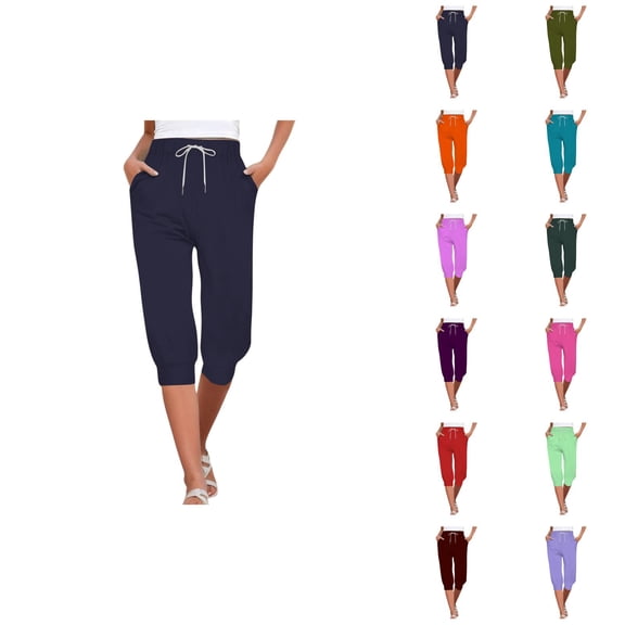 Capri Pants for Women 2025 High Elastic Waist Drawstring Yoga Jogger Casual Capris with Pockets Womens Cropped Pants