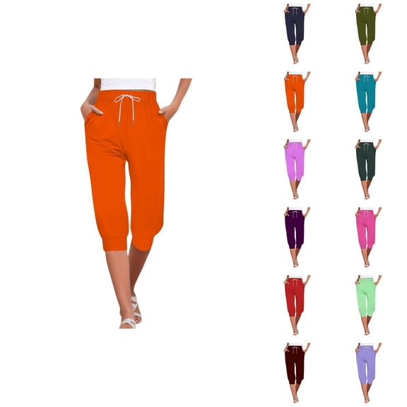 Capri Pants for Women 2025 High Elastic Waist Drawstring Yoga Jogger Casual Capris with Pockets Womens Cropped Pants