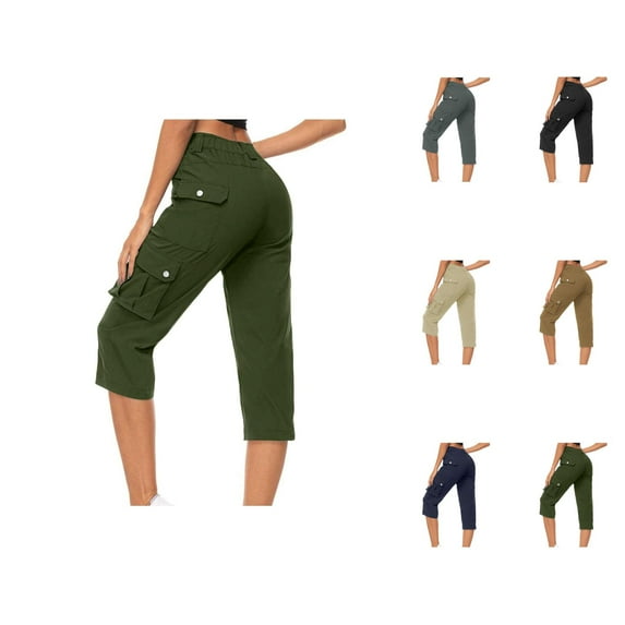 Capri Pants for Women 2025 High Elastic Waist Straight Leg Casual Loose Cago Capris with Pockets Womens Cropped Pants