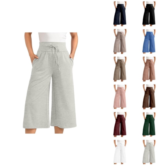 Capri Pants for Women 2025 High Elastic Waist Wide Leg Flowy Palazzo Capris with Pockets Womens Cropped Pants