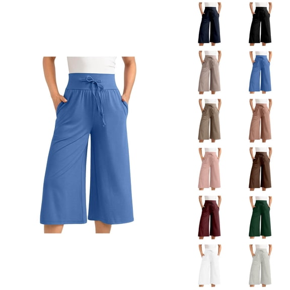 Capri Pants for Women 2025 High Elastic Waist Wide Leg Flowy Palazzo Capris with Pockets Womens Cropped Pants