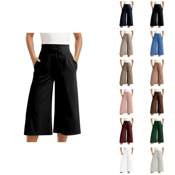 Capri Pants for Women 2025 High Elastic Waist Wide Leg Flowy Palazzo Capris with Pockets Womens Cropped Pants