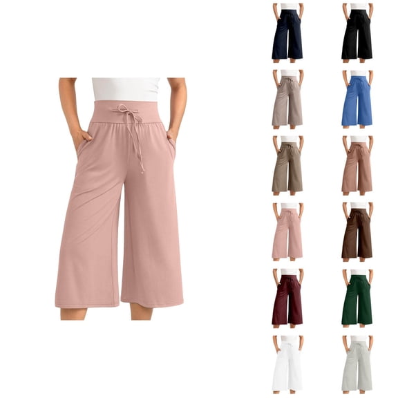 Capri Pants for Women 2025 High Elastic Waist Wide Leg Flowy Palazzo Capris with Pockets Womens Cropped Pants