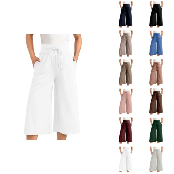 Capri Pants for Women 2025 High Elastic Waist Wide Leg Flowy Palazzo Capris with Pockets Womens Cropped Pants