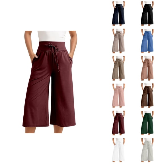Capri Pants for Women 2025 High Elastic Waist Wide Leg Flowy Palazzo Capris with Pockets Womens Cropped Pants