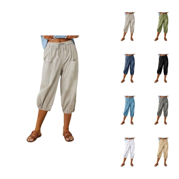 Capri Pants for Women 2025 High Elastic Waist Wide Straight Leg Button Loose Capris with Pockets Womens Cropped Pants