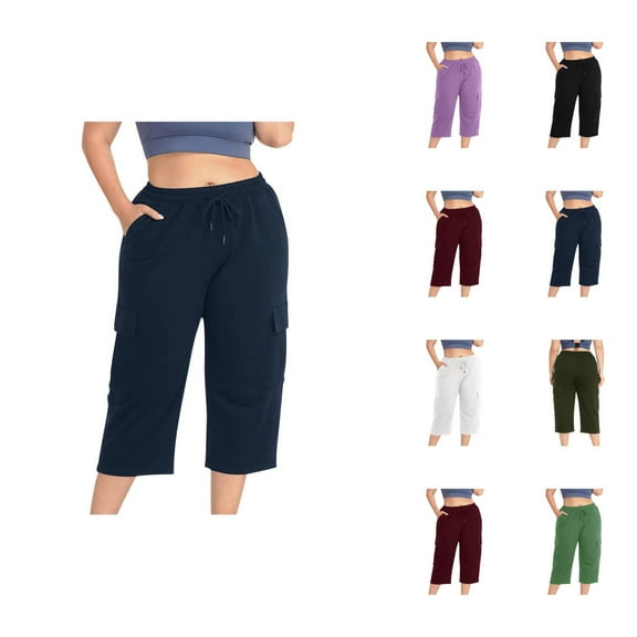 Capri Pants for Women 2025 High Elastic Waist Wide Straight Leg Casual Loose Capris with Pockets Womens Cropped Pants