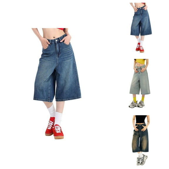 Capri Pants for Women 2025 High Waist Wide Leg Baggy Jorts Y2K Casual Denim Capris with Pockets Womens Cropped Pants