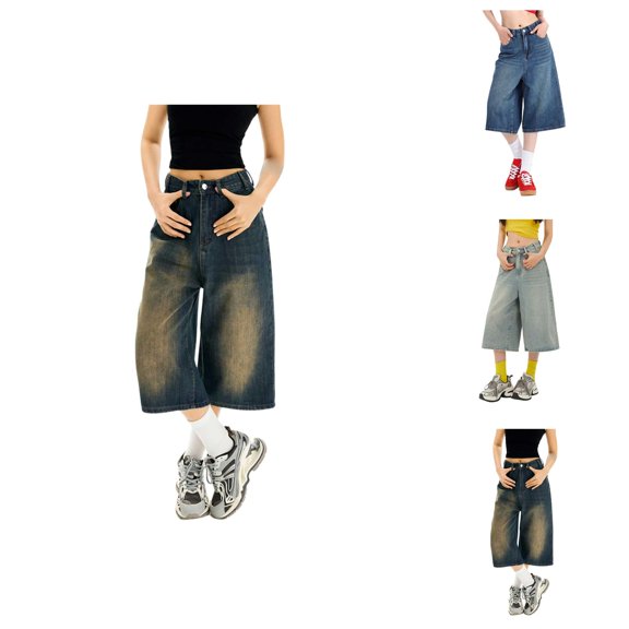 Capri Pants for Women 2025 High Waist Wide Leg Baggy Jorts Y2K Casual Denim Capris with Pockets Womens Cropped Pants