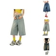 thumbnail image 1 of Capri Pants for Women 2025 High Waist Wide Leg Baggy Jorts Y2K Casual Denim Capris with Pockets Womens Cropped Pants, 1 of 6