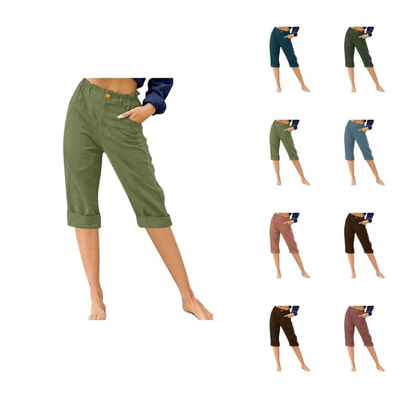 Capri Pants for Women 2025 High Waisted Button Straight Leg Casual Capris with Pockets Womens Cropped Pants