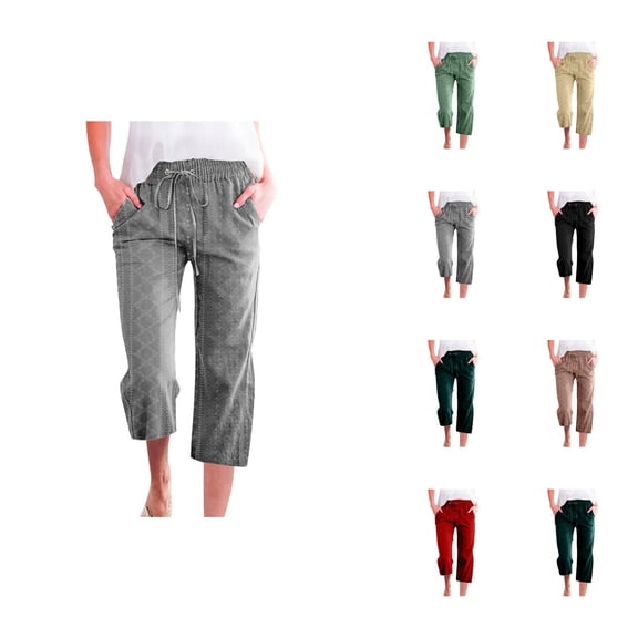 Capri Pants for Women 2025 Jacquard Eyelet Elastic Waist Drawstring Casual Capris with Pockets Womens Cropped Pants