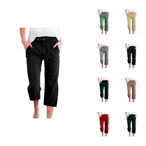 Capri Pants for Women 2025 Jacquard Eyelet Elastic Waist Drawstring Casual Capris with Pockets Womens Cropped Pants