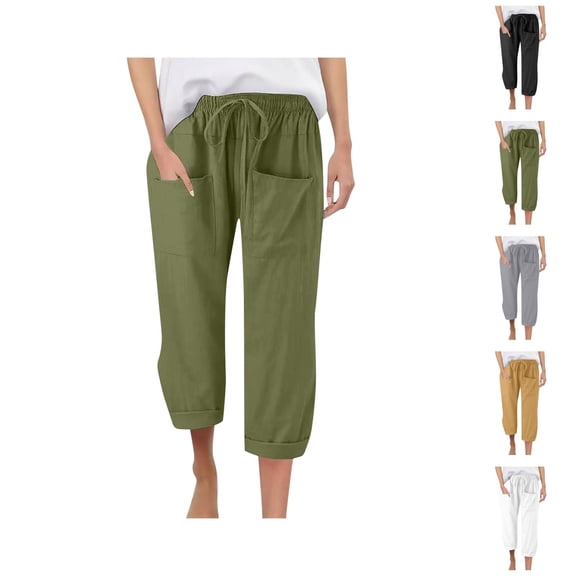 Capri Pants for Women 2025 Linen Casual Drawstring Elastic Waist Cargo Capris with Large Pocket Womens Cropped Pants