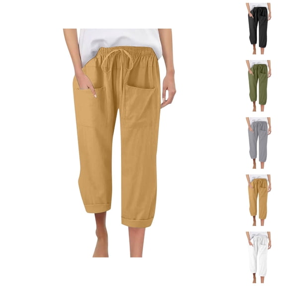 Capri Pants for Women 2025 Linen Casual Drawstring Elastic Waist Cargo Capris with Large Pocket Womens Cropped Pants