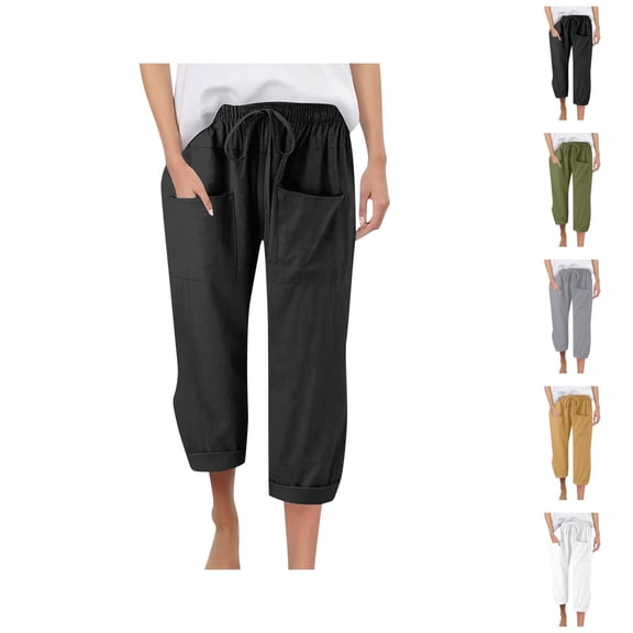 Capri Pants for Women 2025 Linen Casual Drawstring Elastic Waist Cargo Capris with Large Pocket Womens Cropped Pants