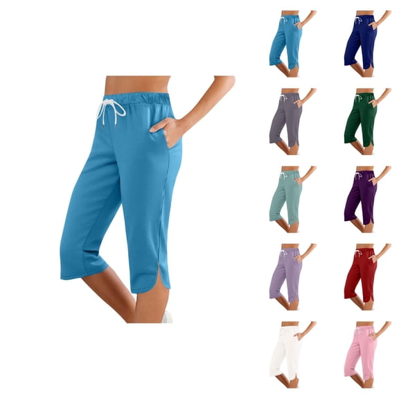 Capri Pants for Women 2025 Mid Elastic Waist Slim Fit Lightweight Casual Capris with Pockets Womens Cropped Pants