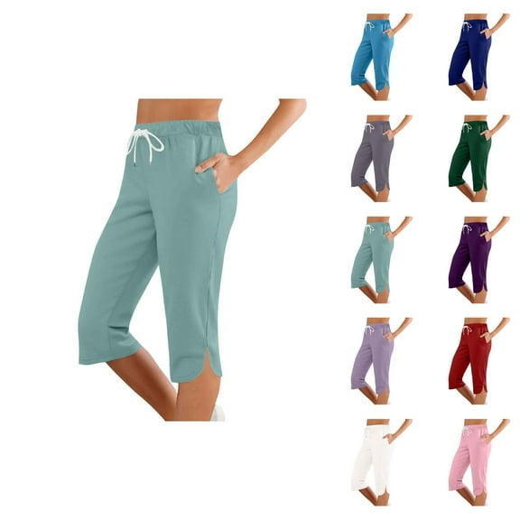 Capri Pants for Women 2025 Mid Elastic Waist Slim Fit Lightweight Casual Capris with Pockets Womens Cropped Pants