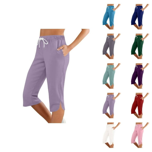 Capri Pants for Women 2025 Mid Elastic Waist Slim Fit Lightweight Casual Capris with Pockets Womens Cropped Pants