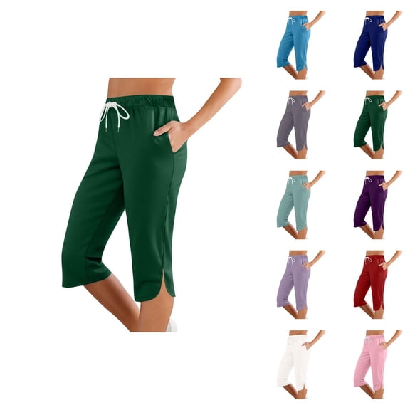 Capri Pants for Women 2025 Mid Elastic Waist Slim Fit Lightweight Casual Capris with Pockets Womens Cropped Pants