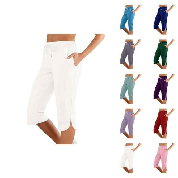 Capri Pants for Women 2025 Mid Elastic Waist Slim Fit Lightweight Casual Capris with Pockets Womens Cropped Pants