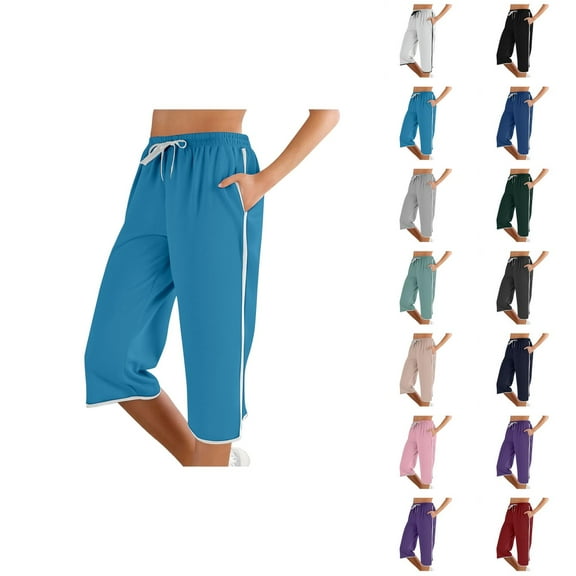 Capri Pants for Women 2025 Mid Elastic Waist Slim Fit Straight Leg Casual Capris with Pockets Womens Cropped Pants