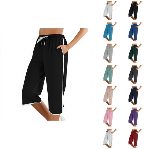 Capri Pants for Women 2025 Mid Elastic Waist Slim Fit Straight Leg Casual Capris with Pockets Womens Cropped Pants