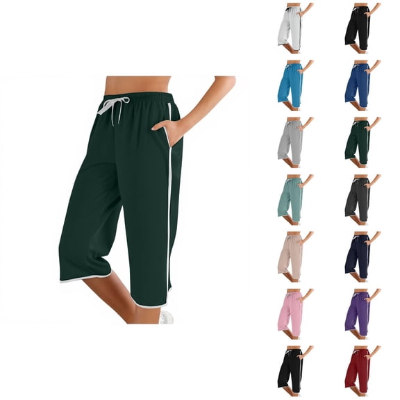 Capri Pants for Women 2025 Mid Elastic Waist Slim Fit Straight Leg Casual Capris with Pockets Womens Cropped Pants