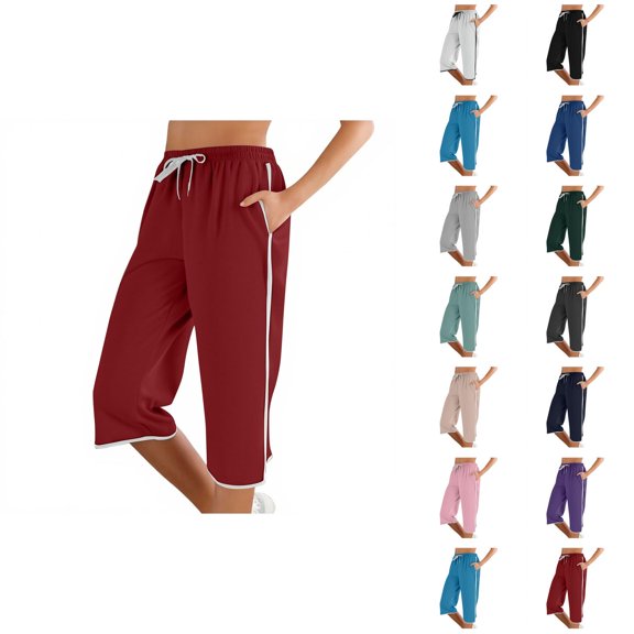 Capri Pants for Women 2025 Mid Elastic Waist Slim Fit Straight Leg Casual Capris with Pockets Womens Cropped Pants