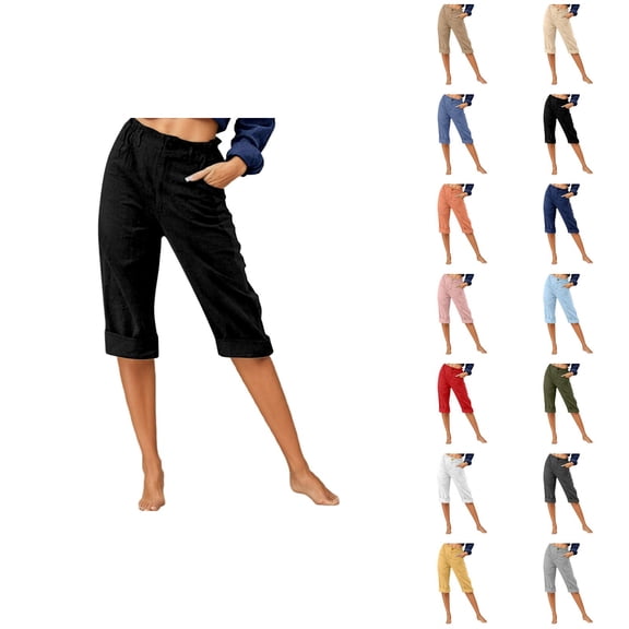 Capri Pants for Women 2025 Mid Waist Straight Leg Linen Casual Loose Capris with Pockets Womens Cropped Pants