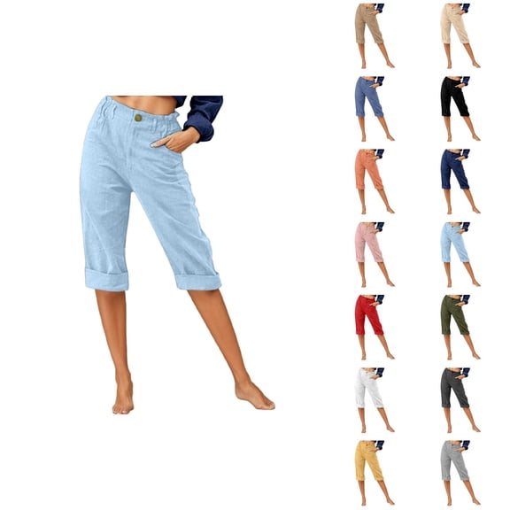 Capri Pants for Women 2025 Mid Waist Straight Leg Linen Casual Loose Capris with Pockets Womens Cropped Pants