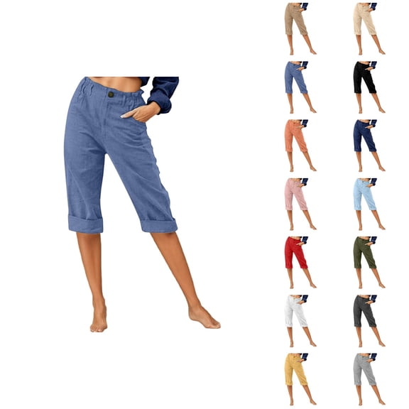 Capri Pants for Women 2025 Mid Waist Straight Leg Linen Casual Loose Capris with Pockets Womens Cropped Pants