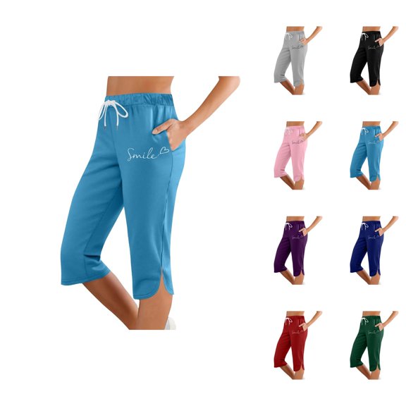 Capri Pants for Women 2025 Positive Printed Slim Fit Mid Elastic Waist Casual Capris with Pockets Womens Cropped Pants