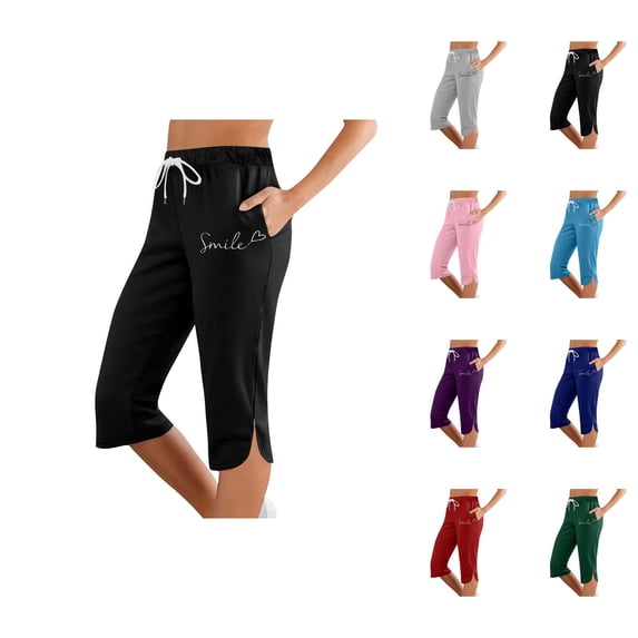 Capri Pants for Women 2025 Positive Printed Slim Fit Mid Elastic Waist Casual Capris with Pockets Womens Cropped Pants