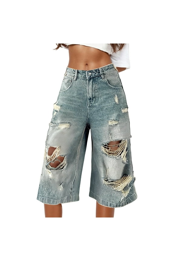 Capri Pants for Women 2025 Ripped Denim Summer High Waist Plus Size Loose Drape Wide Leg Pockets Womens Cropped Pants