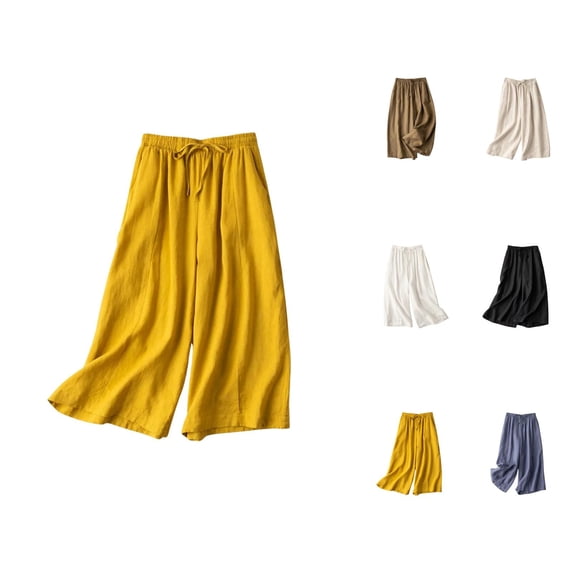 Capri Pants for Women 2025 Solid Color Elastic High Waist Wide Leg Casual Capris with Pockets Womens Cropped Pants